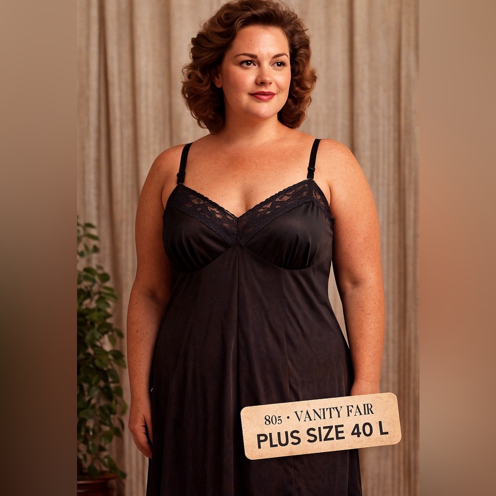 Vintage 80s Vanity Fair Black Nylon Lace Full Slip – Size 40 L (Plus Size)